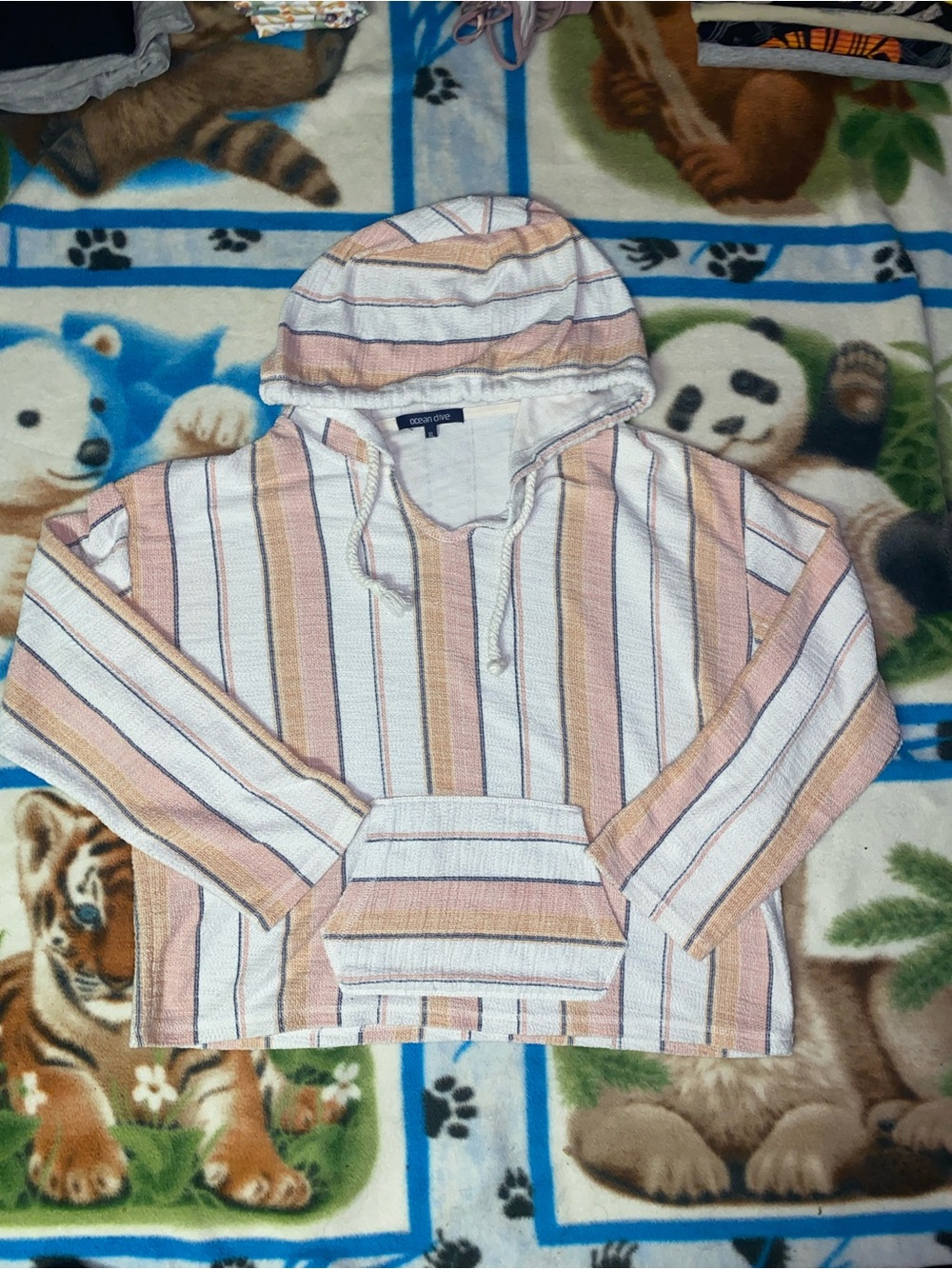 Ocean Drive Striped Hooded Pullover in Pink, White & Tan